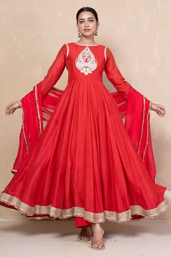 Red chanderi anarkali set