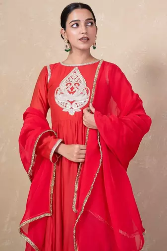 Red chanderi anarkali set