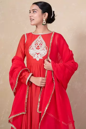 Red chanderi anarkali set