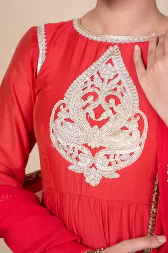 Red chanderi anarkali set