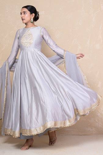 Grey chanderi anarkali set