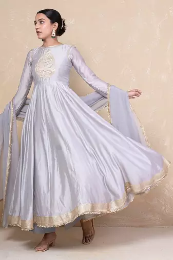 Grey chanderi anarkali set
