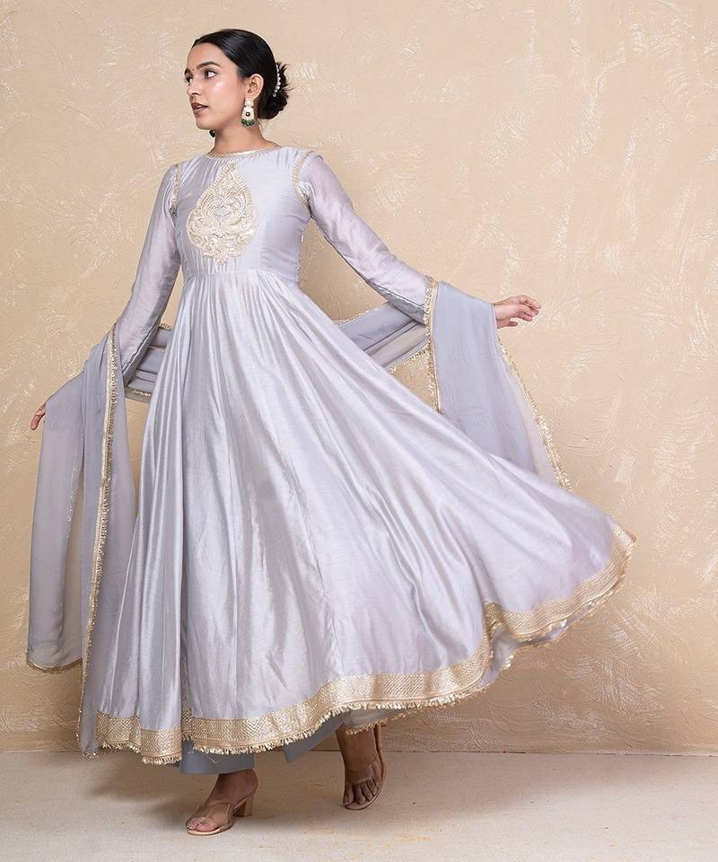 Grey chanderi anarkali set