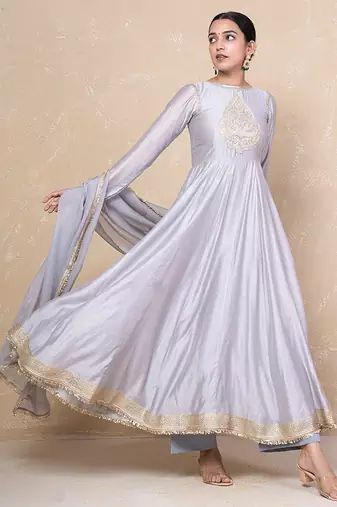 Grey chanderi anarkali set