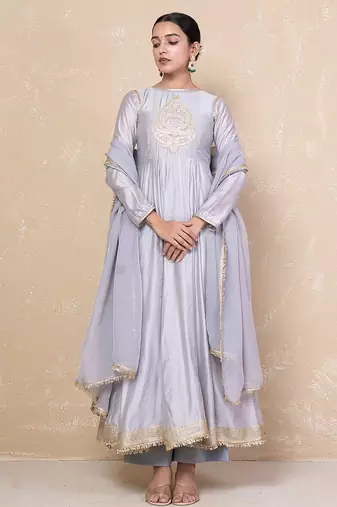 Grey chanderi anarkali set