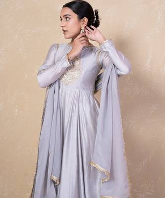 Grey chanderi anarkali set 4