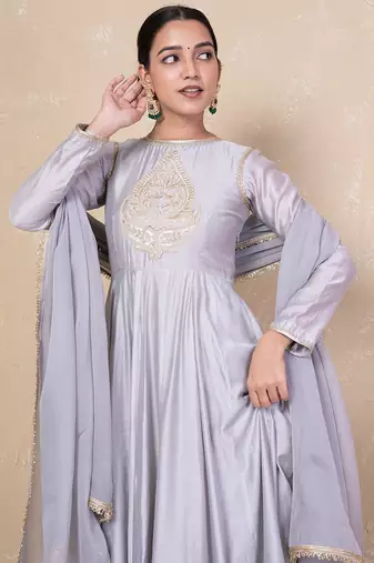 Grey chanderi anarkali set