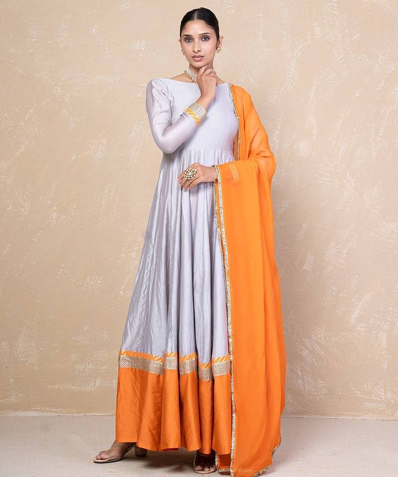 Grey-orange anarkali set