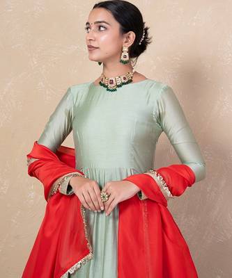 Green chanderi anarkali set 1