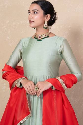 Green chanderi anarkali set
