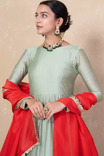 Green chanderi anarkali set