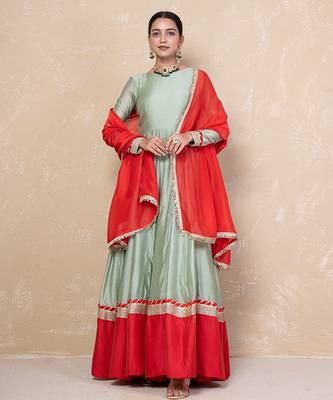 Green chanderi anarkali set 2