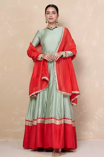 Green chanderi anarkali set