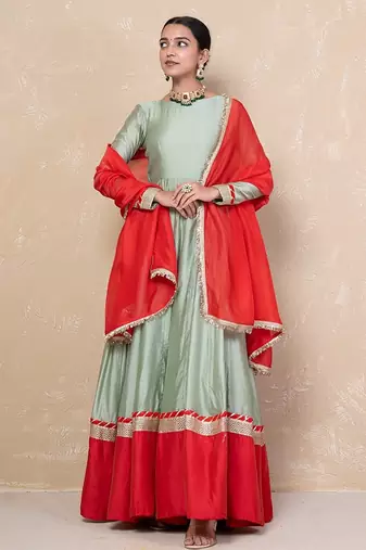 Green chanderi anarkali set