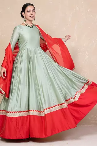 Green chanderi anarkali set