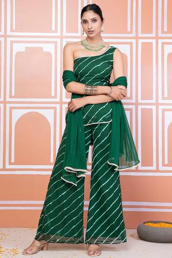 Green one shoulder kurta set