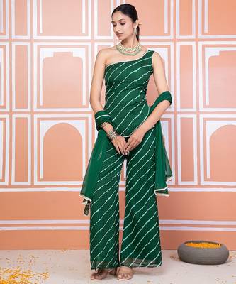 Green one shoulder kurta set 2