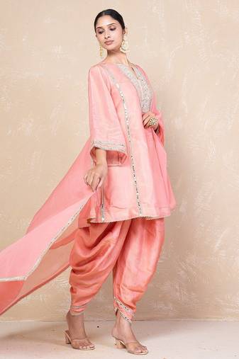 Peach mirror kurta set with dhoti