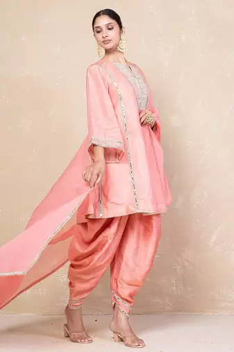 Peach mirror kurta set with dhoti