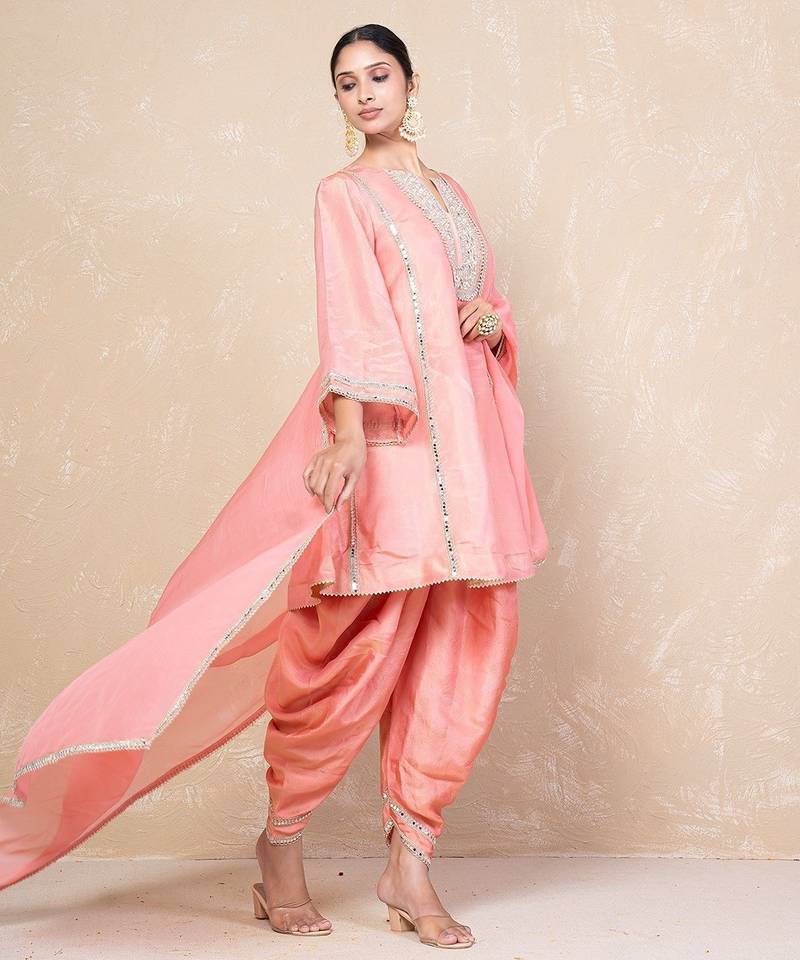 Peach mirror kurta set with dhoti
