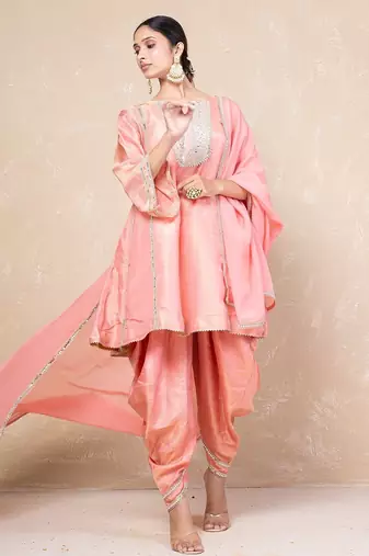 Peach mirror kurta set with dhoti
