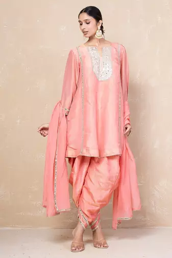 Peach mirror kurta set with dhoti