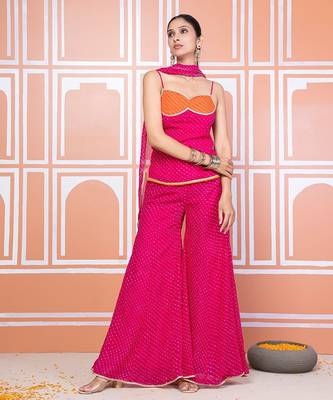 Pink lehariya short kurti with sharara 1