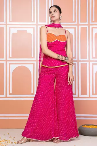 Pink lehariya short kurti with sharara