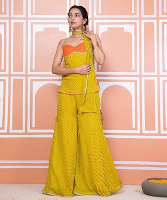 Lime green lehariya short kurti with sharara 1