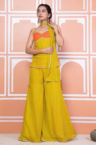 Lime green lehariya short kurti with sharara