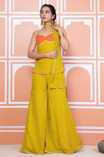 Lime green lehariya short kurti with sharara