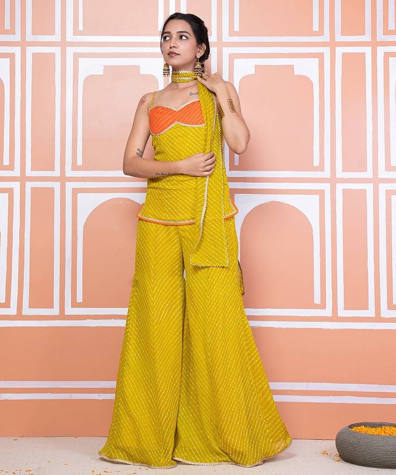 Lime green lehariya short kurti with sharara
