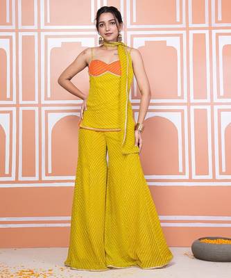 Lime green lehariya short kurti with sharara 2