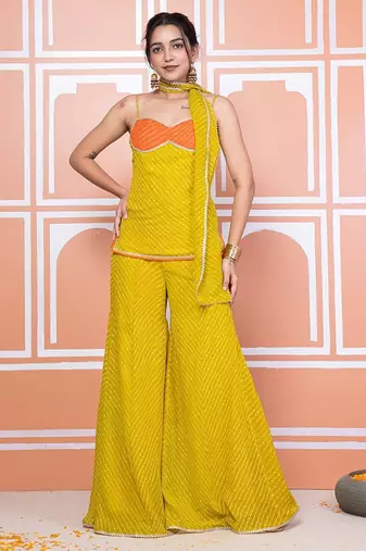 Lime green lehariya short kurti with sharara