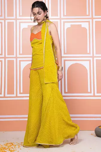 Lime green lehariya short kurti with sharara