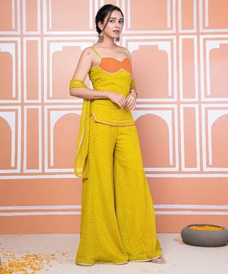 Lime green lehariya short kurti with sharara 5