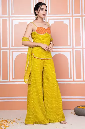 Lime green lehariya short kurti with sharara