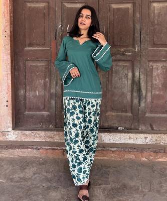 Green cotton kurti with printed farshi salwar 1