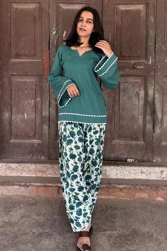 Green cotton kurti with printed farshi salwar