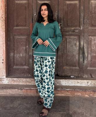 Green cotton kurti with printed farshi salwar 2