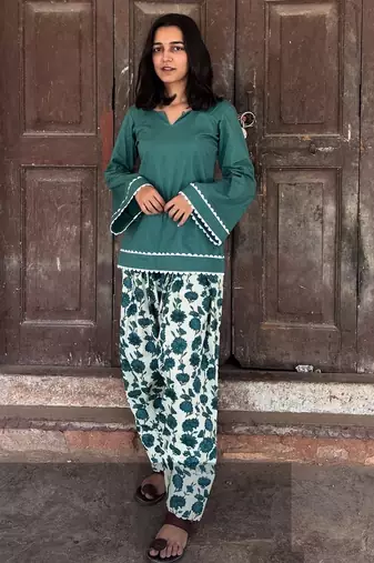 Green cotton kurti with printed farshi salwar