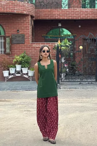 Green cotton kurti with maroon farshi salwar