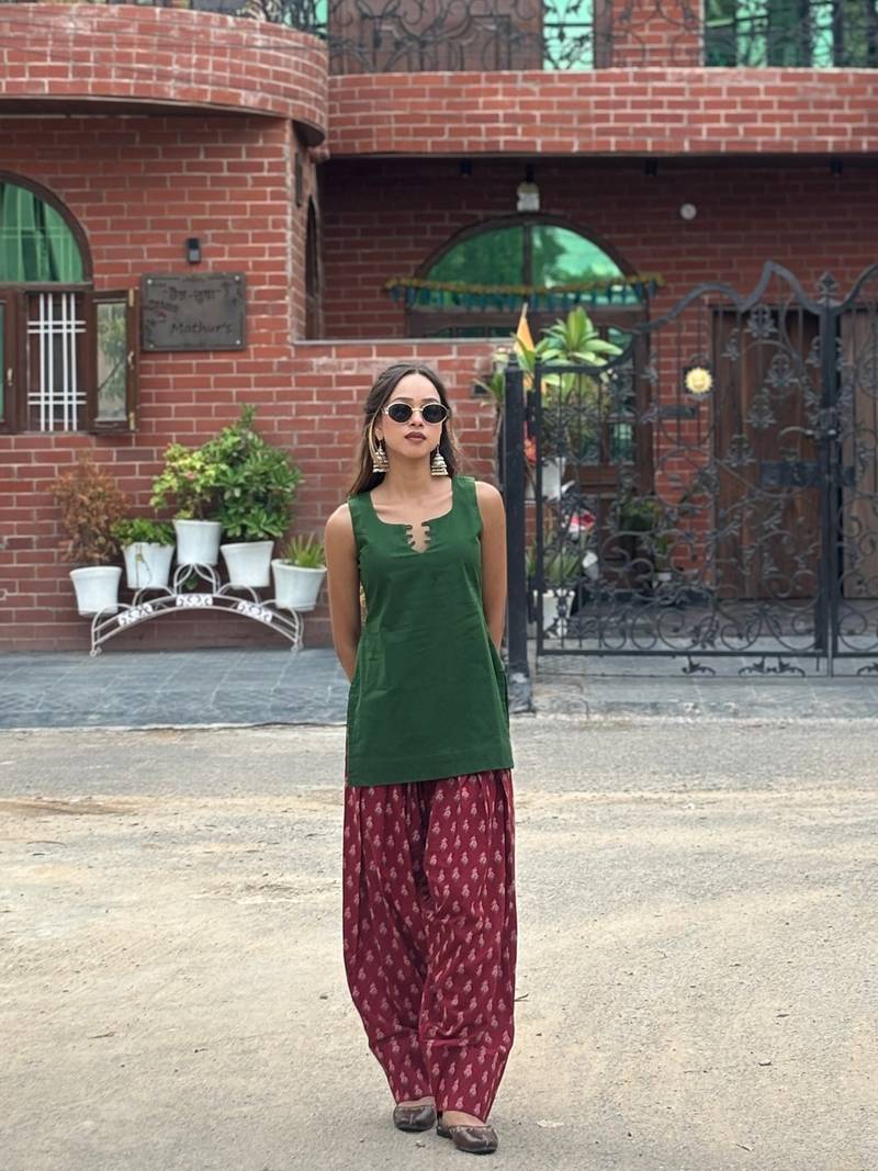 Green cotton kurti with maroon farshi salwar