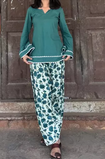 Green cotton kurti with printed farshi salwar