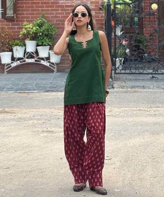 Green cotton kurti with maroon farshi salwar 2