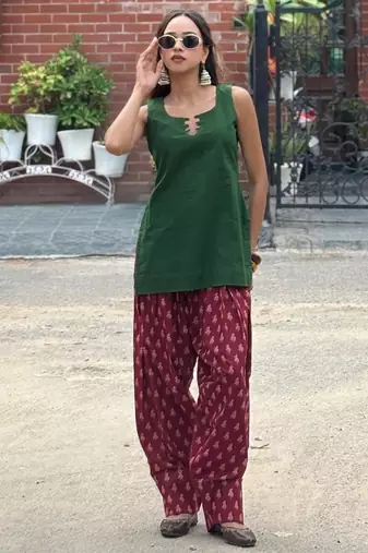 Green cotton kurti with maroon farshi salwar