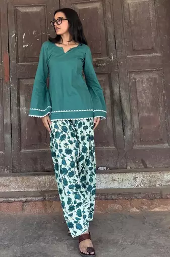 Green cotton kurti with printed farshi salwar