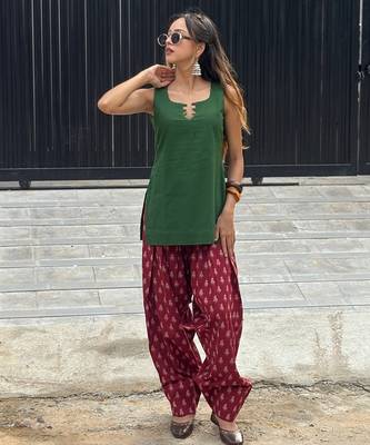 Green cotton kurti with maroon farshi salwar 3