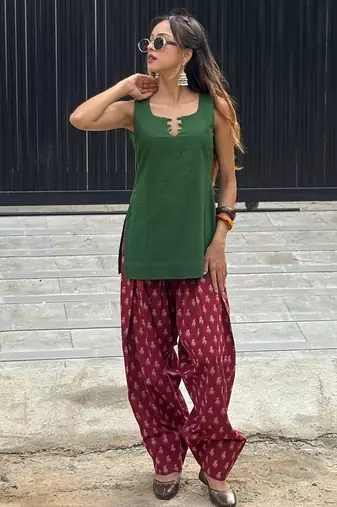Green cotton kurti with maroon farshi salwar