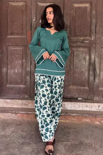 Green cotton kurti with printed farshi salwar